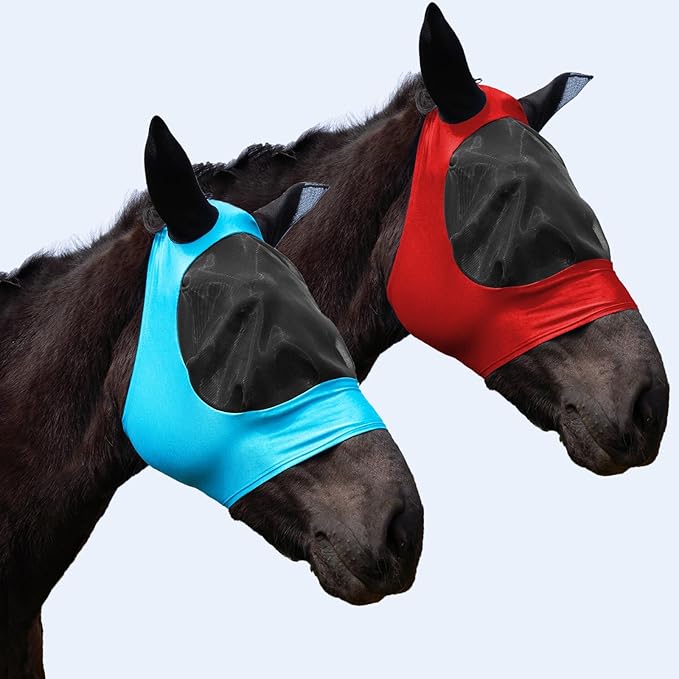 2 Piece Horse Fly Mask with Ears, Comfortable Fit Stretch Fabric Big Eye Space Soft Breathable with UV Protection for Full Horses (Red-Blue)