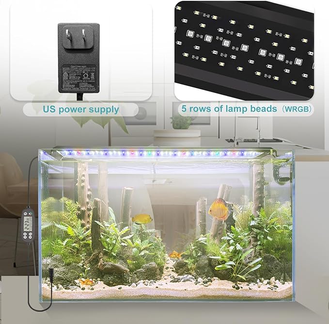 24/7 LED Aquarium Light, IP68 Waterproof Extendable Bracket Fish Tank Light with Timer, 7 Colors, 10 Level Adjustable Brightness, DIY Mode Full Spectrum Aquarium Plant Light for 36-42 Inch Fish Tank