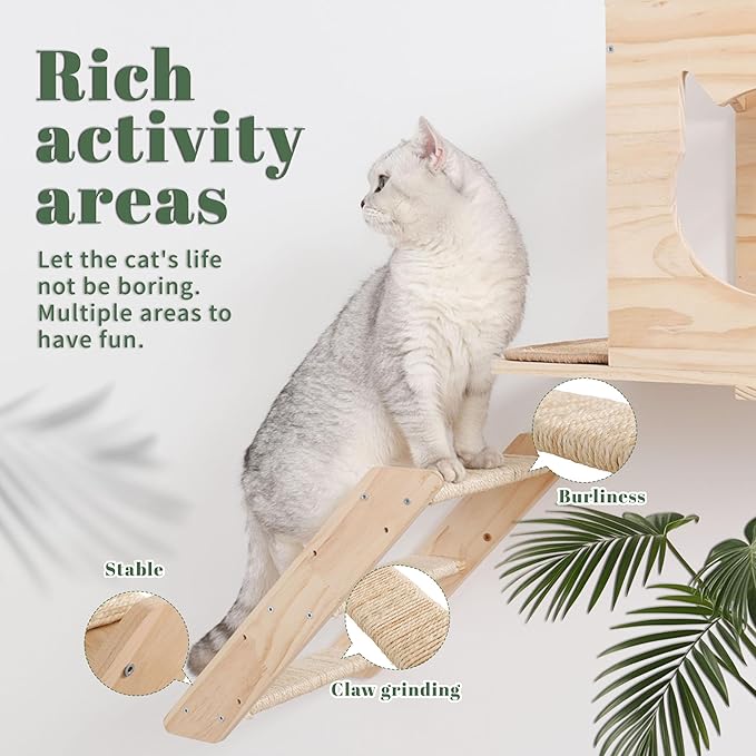 Cat Wall Shelves Set – Wall Mounted Cat Furniture with House, Sisal Mat, Scratching Posts & Perches – Indoor Climbing Shelves for Large Cats