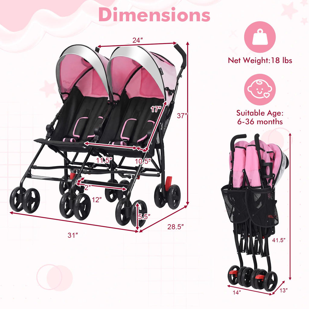 BABY JOY Double Umbrella Stroller, Lightweight Travel Side by Side Twin Stroller with Large Storage, Cup Holder, 5-Point Safety Harness, Adjustable Canopy & Compact Fold for Infant and Toddler (Black)