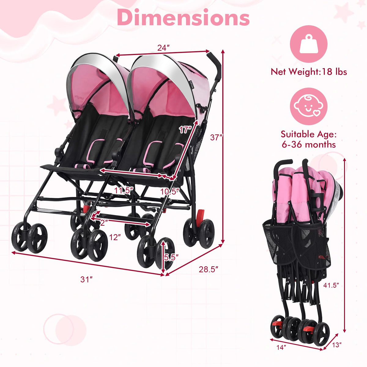 BABY JOY Double Umbrella Stroller, Lightweight Travel Side by Side Twin Stroller with Large Storage, Cup Holder, 5-Point Safety Harness, Adjustable Canopy & Compact Fold for Infant and Toddler (Black)