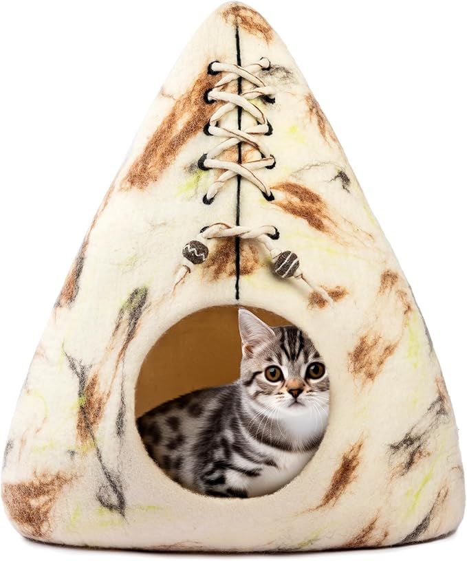 Luxurious Eco-Friendly Merino Wool Cat Cave Bed Teepee Design - Foldable Hideaway Pod for Indoor Cats - Premium Felt Kitten Beds - Covered Cat House for Ultimate Cozy Comfort by Woolygon