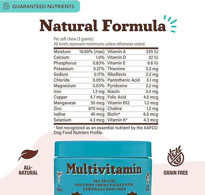 Natural Dog Company 25 in 1 Multivitamin for Dogs – Daily Soft Chews with Vitamins, Minerals & Antioxidants, Immune & Joint Support, for All Ages, Sizes & Breeds, Bacon & Peanut Butter – 90 Count