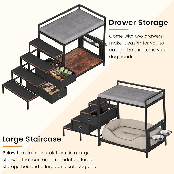 Dog Window Perch with 360° & Adjustable Raised Feeder, Pet Bunk Bed with Removable Stair and 2 Drawers, Elevated Platform Bed, Pet Elevated Seat with Cushion, Paw-Friendly Ladder
