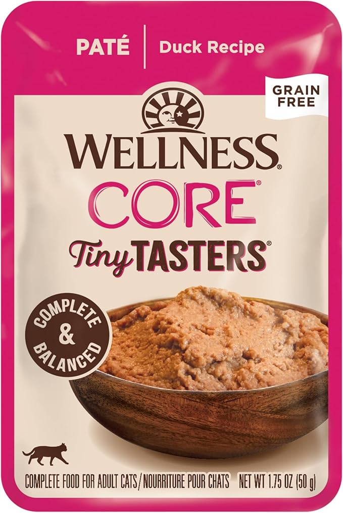 Wellness CORE Tiny Tasters Pate Adult Wet Cat Food, Natural, Protein-Rich, Grain Free, 1.75-Ounce Pouch, 12 Pack, (Duck)