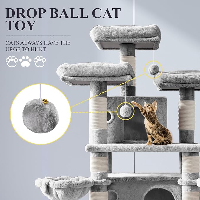 Allewie 68 Inches Cat Tree/House and Towers for Big Feline/Scratching Post/Multi-Level Large Kitty Climbing Tree with Condo/Light Grey