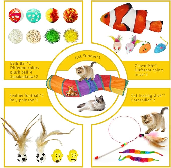 21-Piece Cat Toys Set, Interactive Tunnel, Balls, Mice, Feather Wands, Catnip Toys(Rainbow Cat Tunnel)