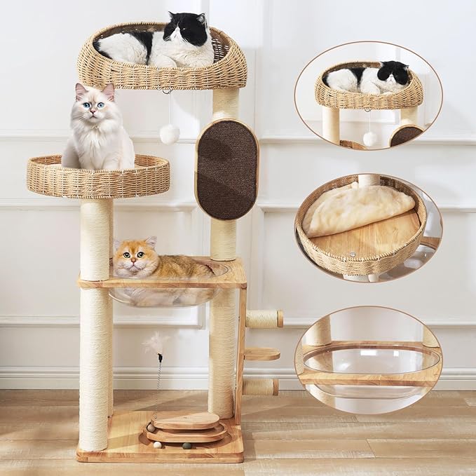 Solid Wood Cat Tree, 50 Inch Modern Cat Tower with Space Capsule, Hand-Woven Basket Nest, Sisal Posts & Scratching Board, Heavy-Duty Multi-Level Indoor Tower