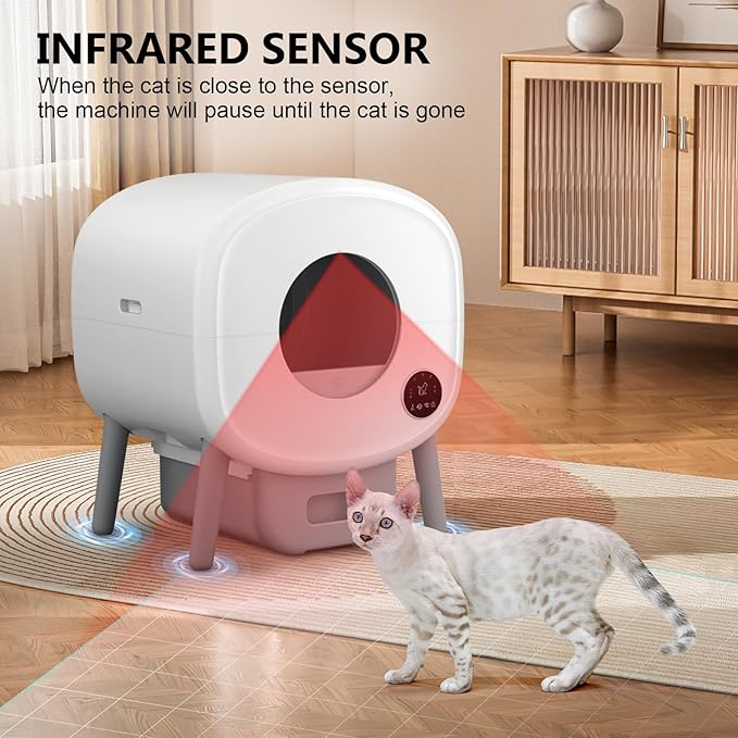 Cumrige Self Cleaning Litter Box, Large Capacity Automatic Cat Litter Box Self Cleaning for Cats, App Control,Safety Protection, 2 Roll Garbage Bags,White & Grey