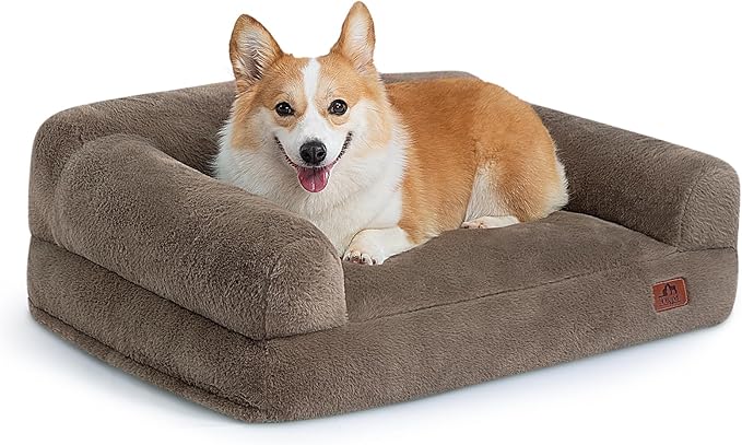 Hollypet Fluffy Plush Dog Cat Pet Couch Soft Calming Sofa Bed for Medium Small Cats and Dogs, Gray, 28"x21"x10"