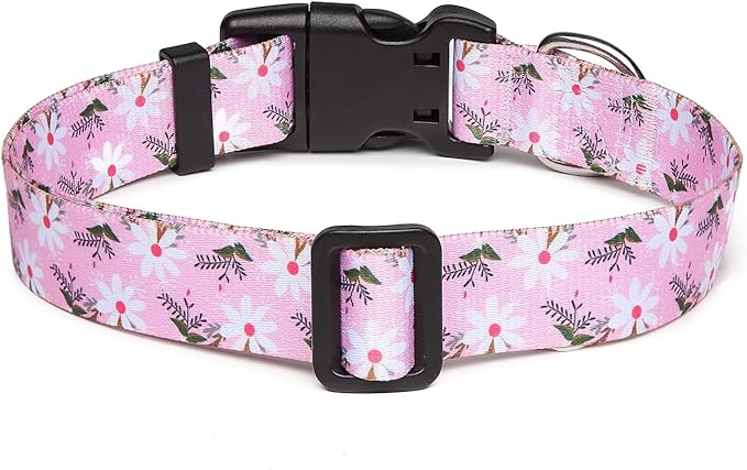 Mercano Adjustable Dog Collar - Special Design Patterns, Soft Nylon Comfortable Durable Pet Collar for Small Medium Large Dogs (L, Pink White Flower)