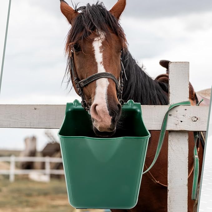 4 Pack 15 Quart Horse Feeders for Stall Hook Over Hanging Fence Hay Feeder Mountable Livestock Plastic Feed Bucket for Farm Stalls Pasture, Stable to Feed Horses Sheep Cattle Cows Etc(Green)