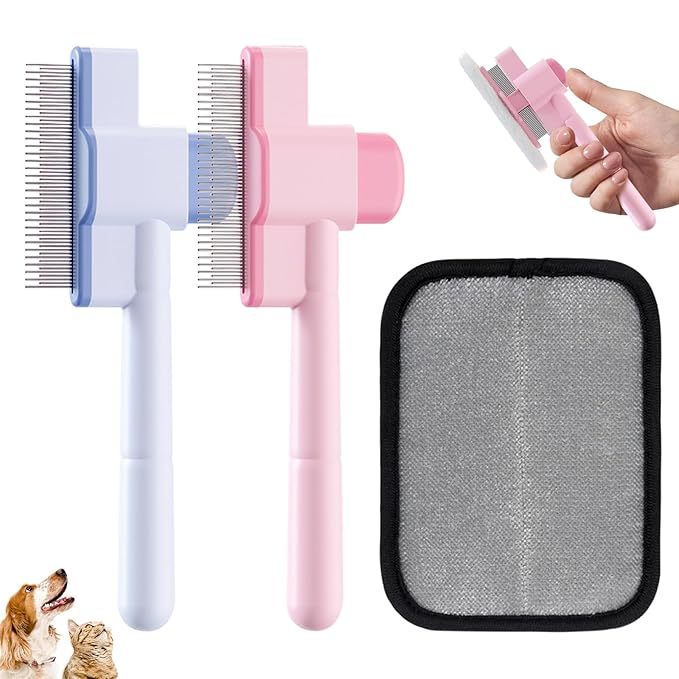 2PCS Flea Comb for Cats and Dogs with Pet Hair Remover Glove, Self Cleaning Pet Flea Cat Grooming Brush with Release Button for Massaging and Cleaning Shedding Pets Hairs