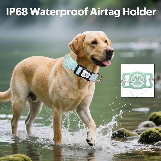 Dog Collar with Waterproof AirTag Holder & Anti-Lost QR Code, Cute Bling Warpping Adjustable Width for Small Medium Large Pet (Light Blue, S)