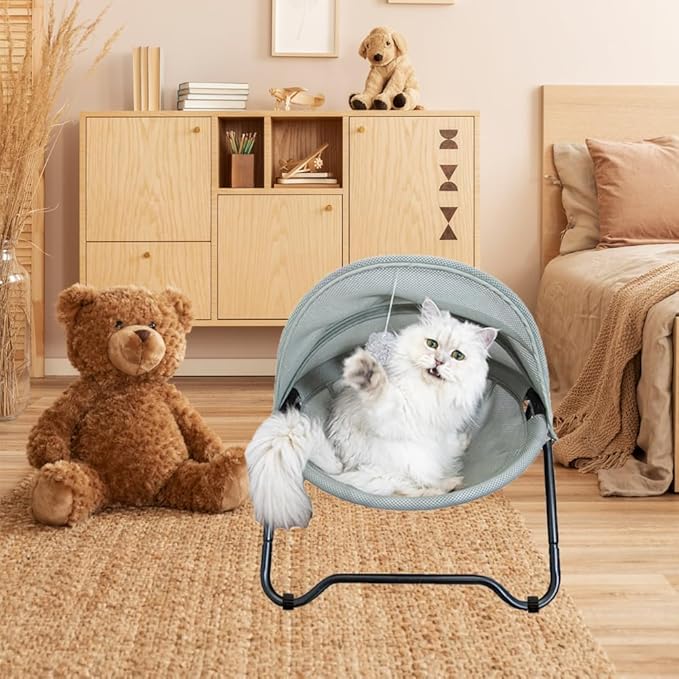 Cat Bed Cat Hammock Bed Elevated cat Bed, Comfortable and Breathable Pet Bed with Awning and Plush Toy, No-Tools Assemble, Cover Removable and Washable, Suitable for Indoor and Outdoor Use