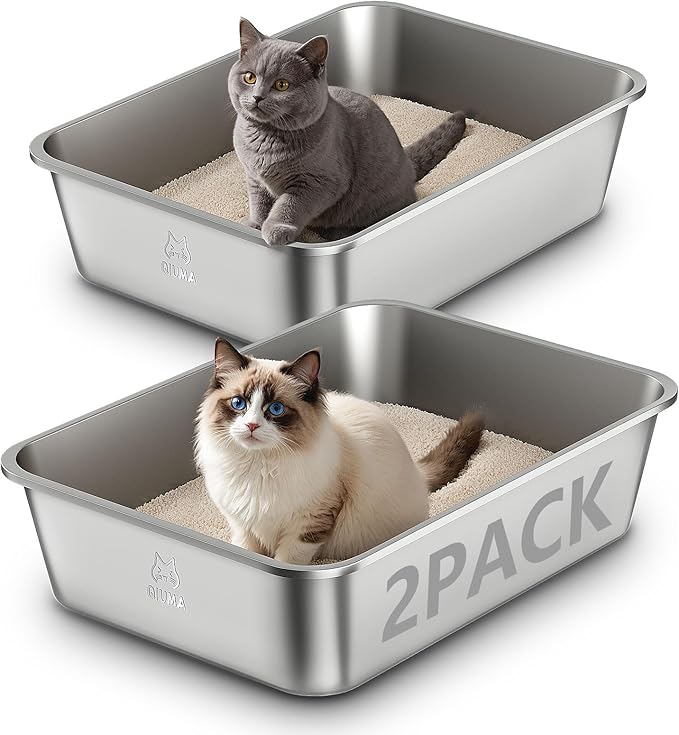 2 Pack Stainless Steel Cat Litter Box, 19.5" L×13.6" W×5.9" H, Metal Kitty Litter Box with High Sided for Big and Small Catss, Non-Stick, Easy to Clean, Odor-Free