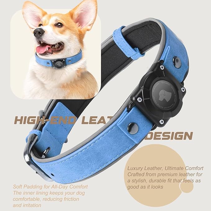 AirTag Dog Collar - Leather Dog Collar with Air Tag Holder | IPX8 Waterproof, Reflective, High - End, Adjustable Soft Padded | Dog GPS Tracker Collars Fit for Medium Large Dogs (Blue, XL)