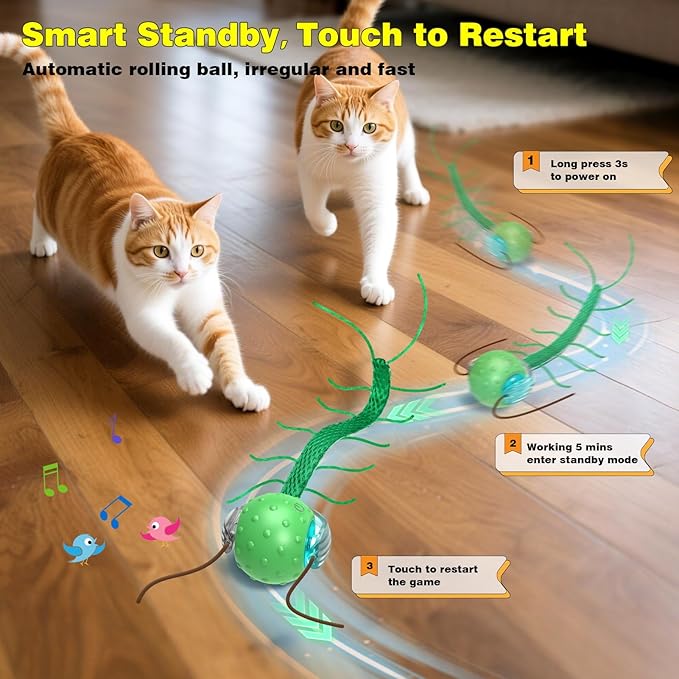Interactive Cat Toys for Indoor Cats, Moving Cat Ball with Tail, Fast Rolling on Carpet, Chirping & Motion Activate Toy for Bored Indoor Adult Cats