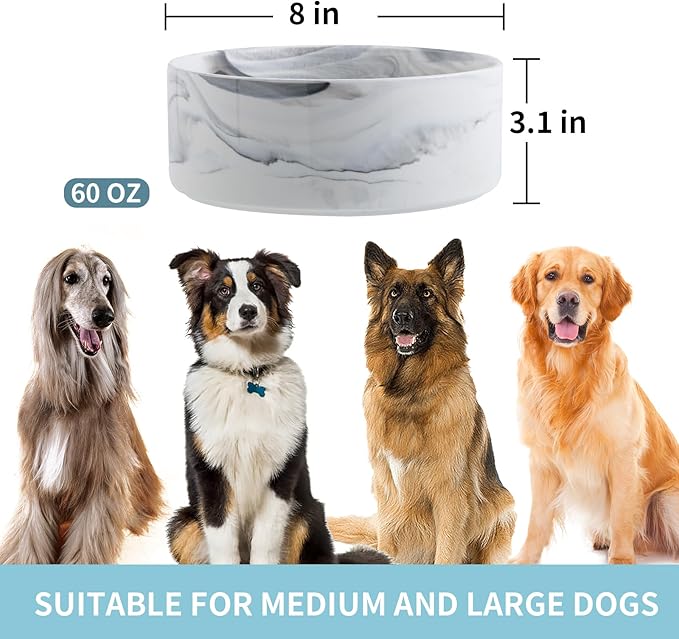 Dog Bowl Ceramic for Medium Large Breed, Heavy Weighted Dog Food Water Feeder Dish,8 in Non - Slip Modern Cute Extra Big Porcelain Pet Bowl Maze Marble Grey