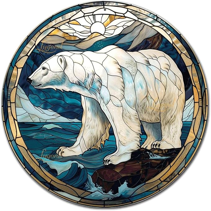Lygond Metal Tin Sign - Circular Stained Glass Polar Bear Garage Sign For Home Decor - 8x8 Inches