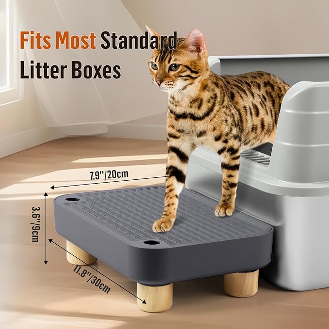 Cat Litter Box Step Ramp, Cat Litter Catcher Mat with Wooden Feet, Filter Function, Cat Pedal Stool for Self-Cleaning Cat Litter Box, Ideal for Kitten & Elderly Cats (Dark Grey)
