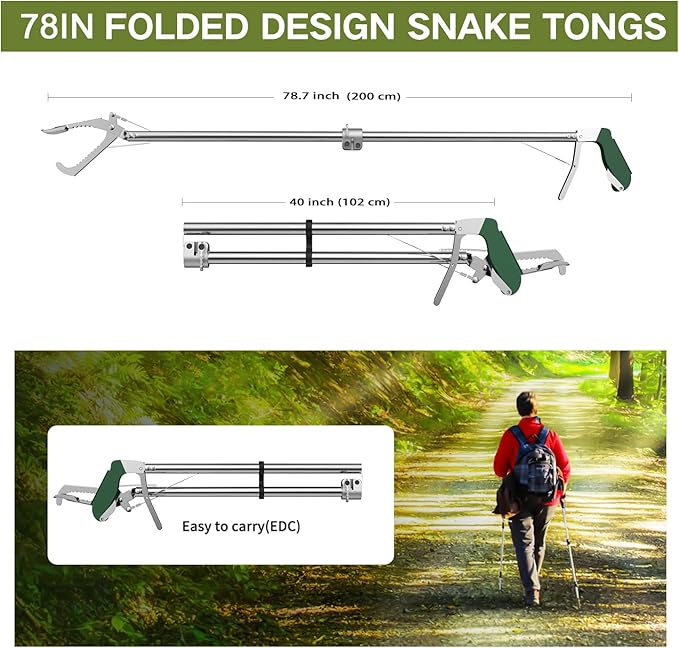 78“ Snake Tongs Collapsible Grabber, Professional Reptile Snake Catcher Wide Jaw Handling Tool, Stainless Steel Snake Hook