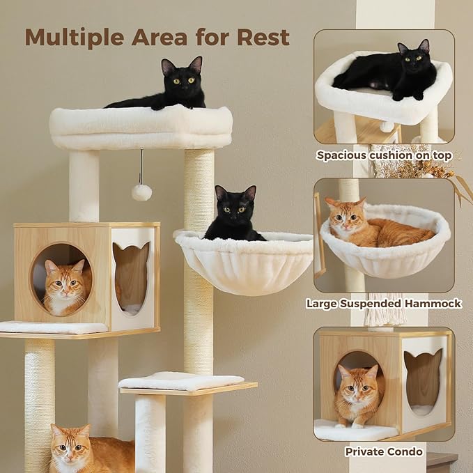 Tall Cat Tree with Litter Box Enclosure 57.5" Wooden Cat Tower for Large Cats with Cat Hammock House Bed (Pure Beige)