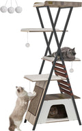 FourFurPets 72.4" Cat Tree, Modern Cat Tower for Indoor Cats, Multi-Level Cat Condo with Caves, Tall Cat Tree with Cat Scratching Board, Wooden Cat Tower with Large Perch, Removable Pads, Camel Brown