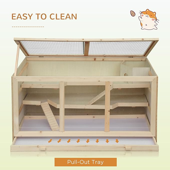 PawHut 45" Extra Large Wooden Hamster Cage, 3-Layer Chewproof Rat Cage with Opening Roof, Hut, Ramps, for Gerbil, Dwarf & Syrian Hamsters, Natural
