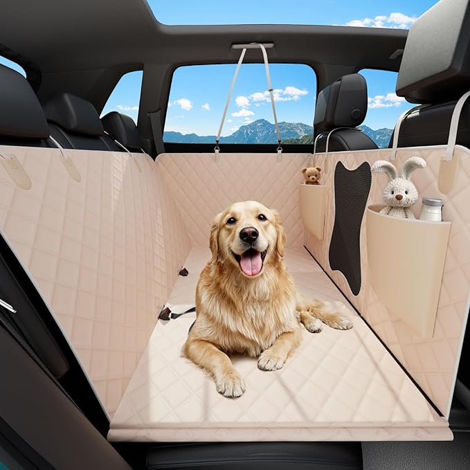 Waterproof Dog Car Seat Cover for Back Seat – Heavy Duty Back Seat Extender for Dogs with Hard Bottom, 7-Layer Protection, Non-Slip & Scratchproof, Easy to Install (Beige)
