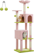 Flower Cat Tree, 62-Inch Large Cat Tower for Multi-Cat Households w/Scratching Posts, Multi-Level Cat Condo w/Cozy Top Perch & Scratching Pad, Padded Platform, 2 Pompoms, Pink