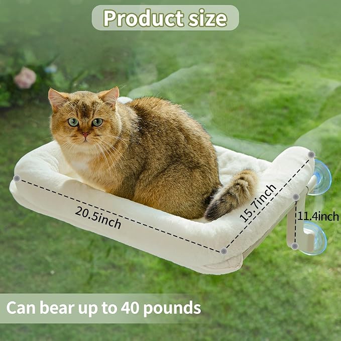 Cat Window Perch, Adjustable Cat Hammock for Large Cats, Mounts on Window Sills, Bedside, or Glass, Easy Installation and Removal, Washable Cushion Cover (20.5" W×15.7" L)
