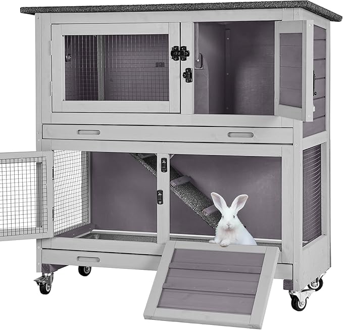 Rabbit Hutch Indoor Outdoor, Bunny Cage with Casters, Guinea Pig Cage Bunny Hutch with Two Plastic Trays 36inch