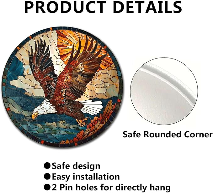 Lygond Metal Sign Tin Sign Circular Stained Glass American Bald Eagle Bathroom Signs for Home for Garden 12×12 Inches