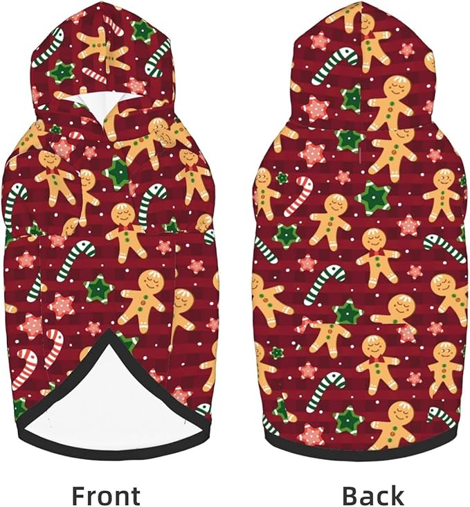Christmas with Gingerbread Men, Candies Hoodie,Christmas Cosplay Dog Clothes with Pocket and Hat Winter Clothes Sweaters Small