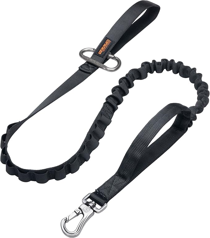 EXCELLENT ELITE SPANKER Tactical Bungee Dog Leash Military Adjustable Dog Leash Quick Release Elastic Leads Rope with 2 Control Handle(Black