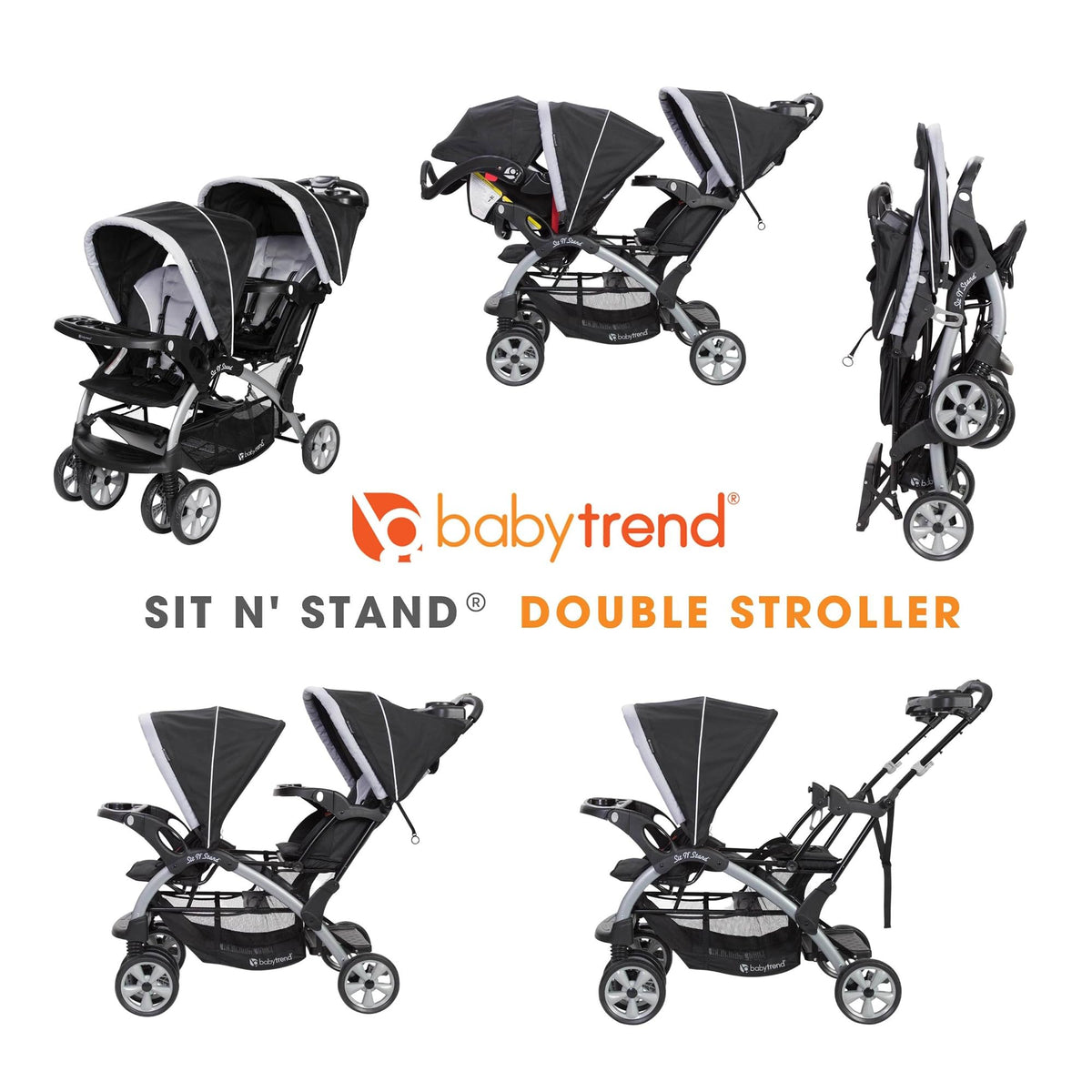 Baby Trend Double Infant and Toddler Stroller w/ Harness and Basket, Sit N' Stand, Stormy - Convertible Twin and Tandem Strollers for Babies