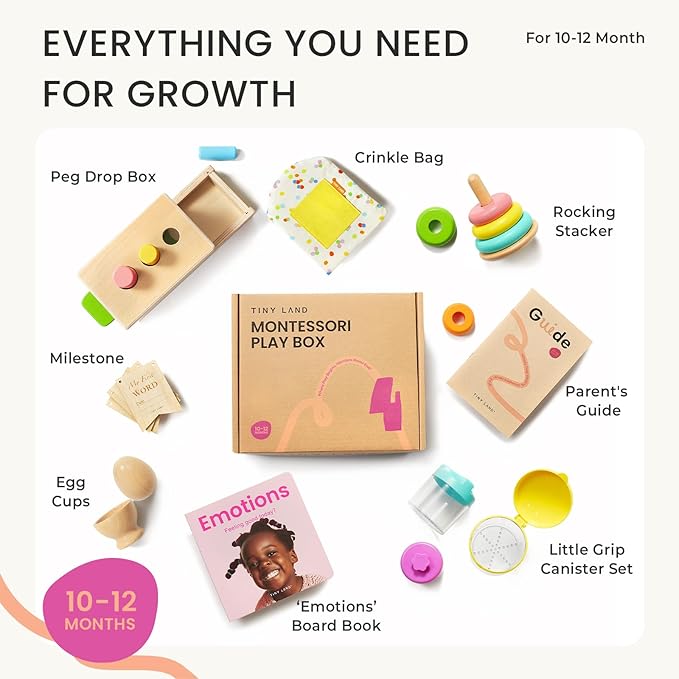 Tiny Land Montessori Toy Set for Babies 1 Year Old Thinker Play Kit- 5-in-1 Wooden Learning Toys with Peg Drop Box, Rocking Stacker, Egg Cup, Canister Set, and Crinkle Bag