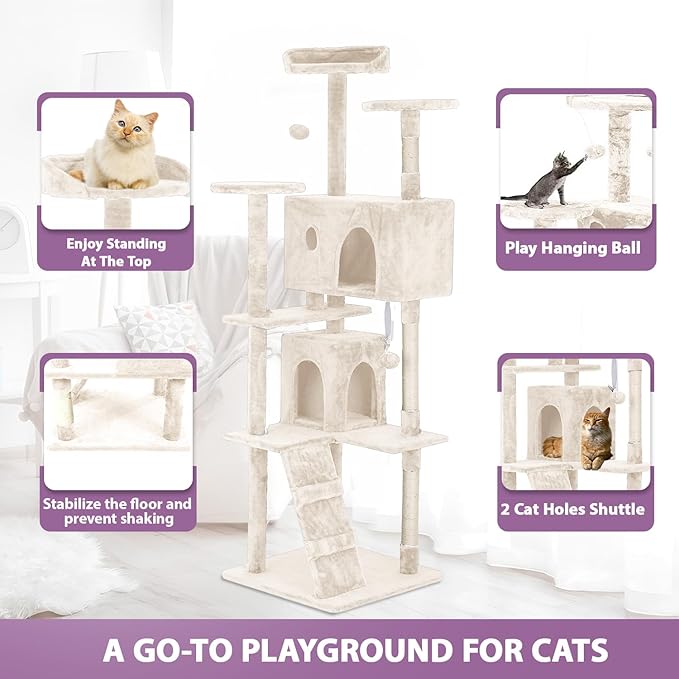 70 Inches Cat Tower for Indoor Cats Multi-Level Cat Condos XL Cat Tree Climbing Tower with Scratching Posts, Hanging Toys, Beige