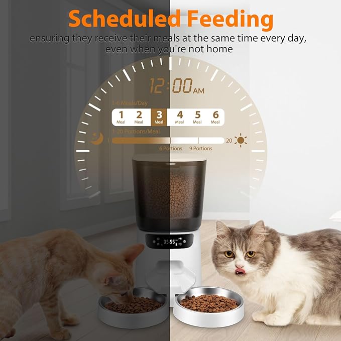 Automatic Cat Feeders for Two Cats, 5L/20 Cups Double Automatic Cat Food Dispenser with 2 Stainless Bowls, Timer Setting 20 Portions 6 Meals Per Day, 10s Meal Call, Pet Feeder for Dog (White)