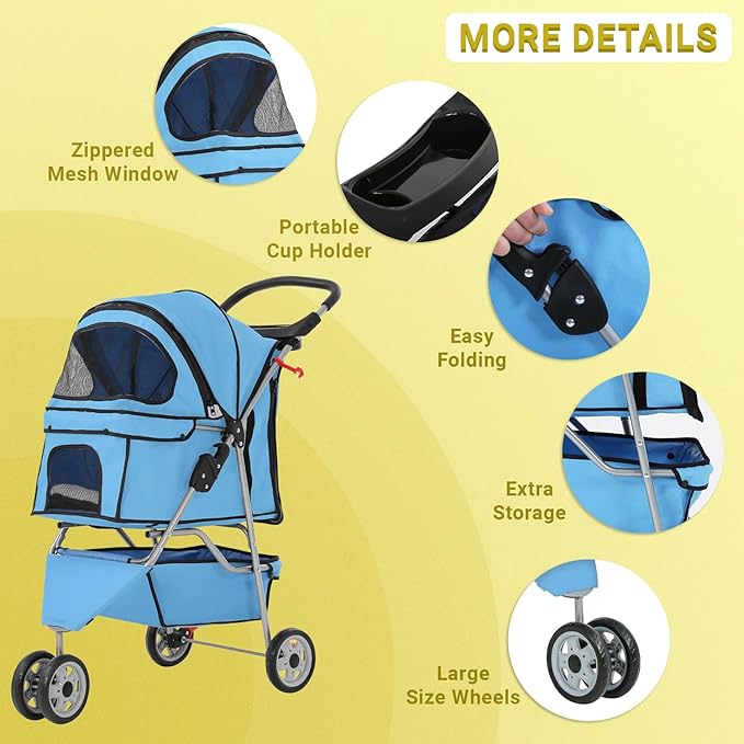 Foldable Pet Stroller for Cats and Dogs 3 Wheels Carrier Strolling Cart with Weather Cover, Mesh Panels，Storage Basket Cup Holder，Blue
