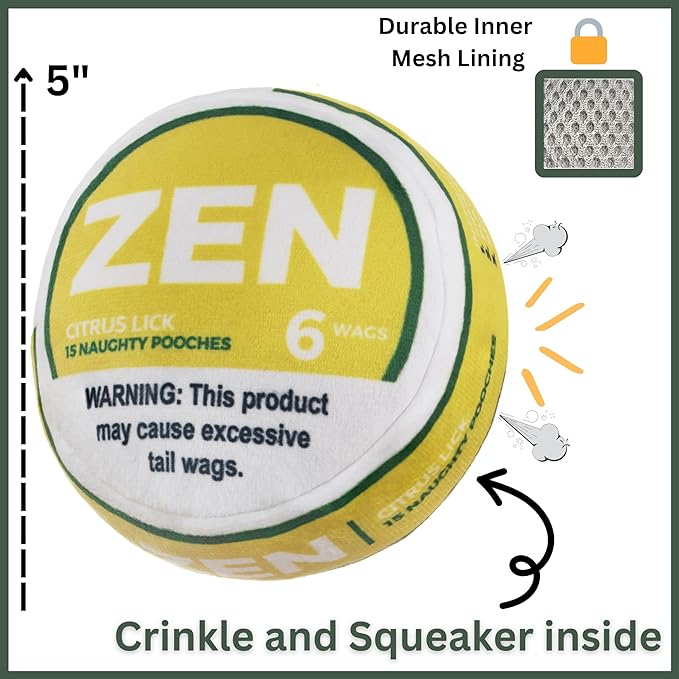 Zen Pupper Deckies Parody Dog Toy - Plush Squeaky and Crinkle Funny Dog Toy (Citrus Lick)