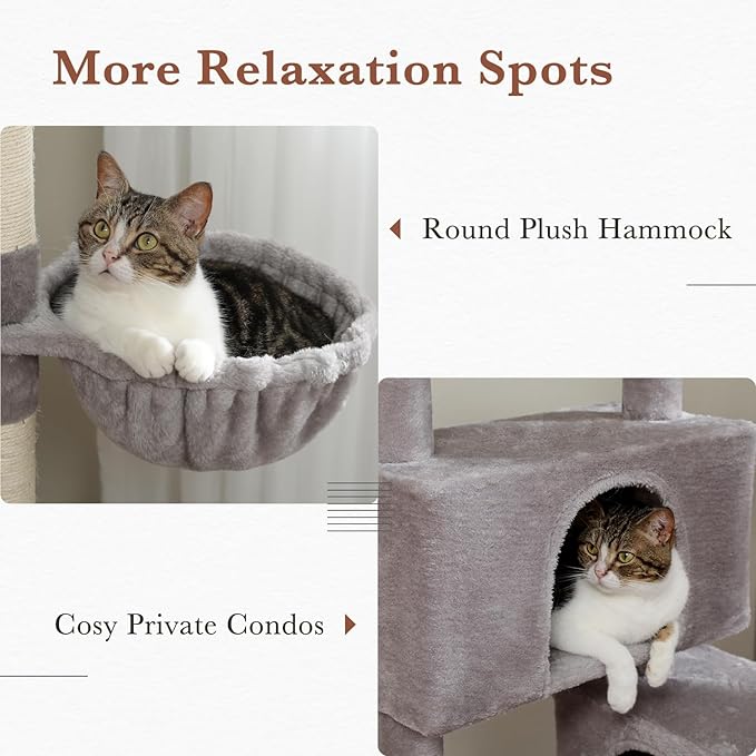 PAWZ Road Cat Tree, 60 Inches Cat Tower with Dual Condos, Spacious Perch, Cozy Basket and Sisal-Covered Scratching Posts for Indoor Cats- Gray