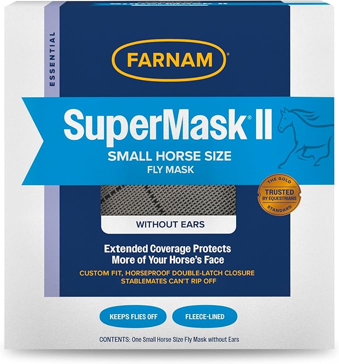 Farnam SuperMask II Fly Mask Without Ears for Smaller Horses or Arabian Horses,Full Face Coverage & Eye Protection from Insect Pests, Structured Classic Mesh with Plush Trim,Small Horse/Arabian Size
