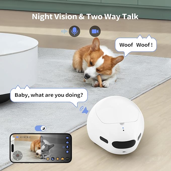 Cat Camera with Interactive Pointer Toy, Moving Robot for Dog and Cat, Mobile Pet Camera Treat Dispenser with Phone App, Auto Recharging and Night Vision, Two-Way Audio (2.4G Wi-Fi Only)