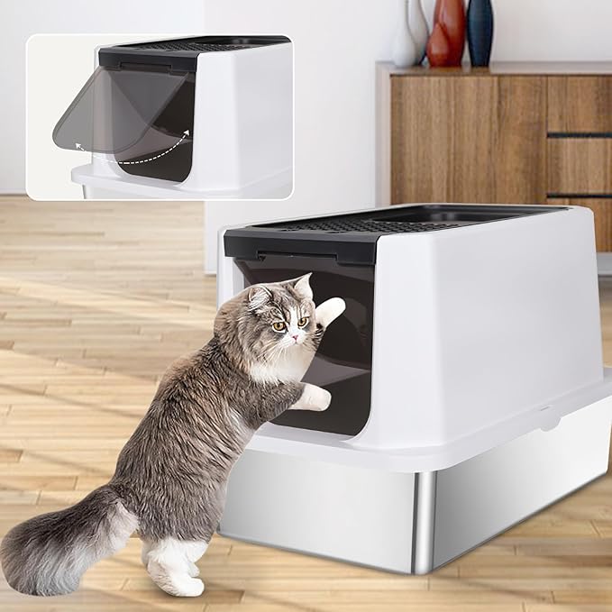 RIZZARI Stainless Steel Cat Litter Box, Odorless Enclosed Litter Box with Top Holes, Large Litter Pan for Small to Large Sized Cats (Black, 23.8" L*15.9" W*16.1" H)