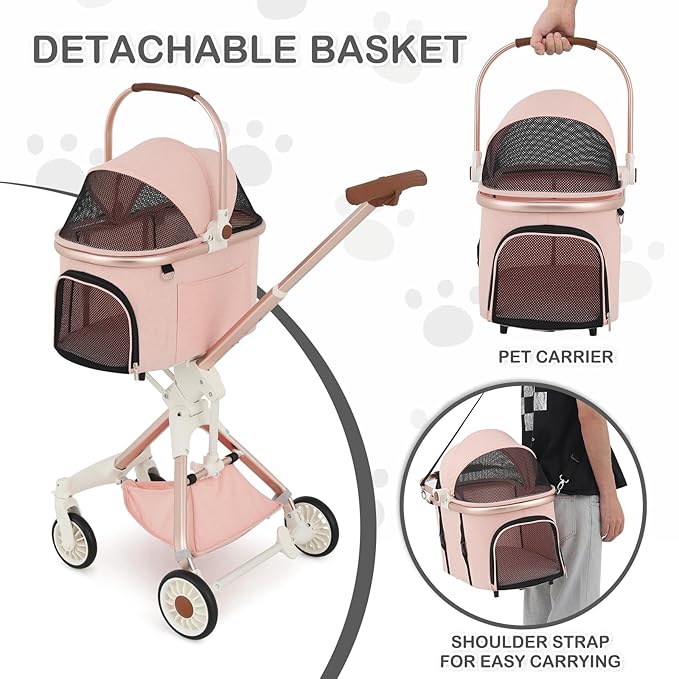 MoNiBloom 3 in 1 Pet Stroller with Adjustable Handle, Jogging Stroller w/Detachable Carrier & Lightweight Aluminum Frame for Dogs Cats, Soft Pink