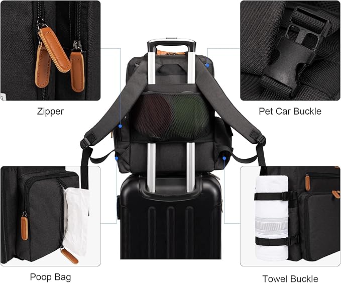 Modoker Dog Travel Bag, Airline Approved Backpack for Pet Accessories Organizer, Tote Weekend Bag with 2 Dog Food Storage Containers, 2 Collapsible Bowls, 1 Pet Mat, Black