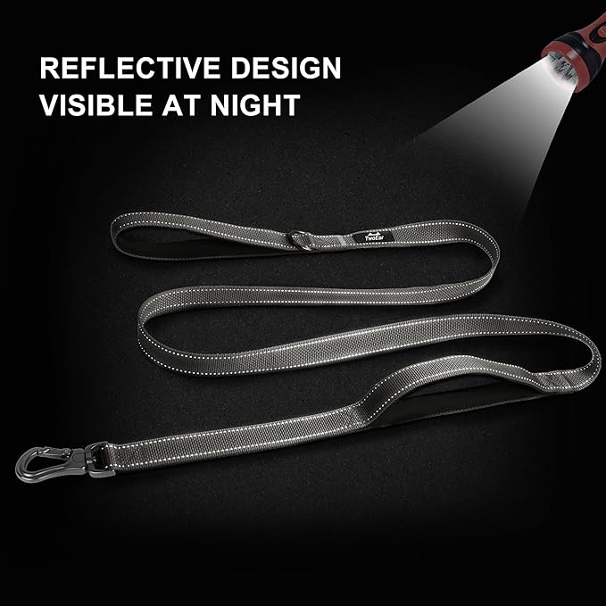 TwoEar 4FT 1IN Strong Gray Dog Leash with 2 Padded Handles, Traffic Handle Extra Control, Comfortable Soft Dual Handle, Auto Lock Hook, Reflective Walking Lead for Small Medium and Large Dogs