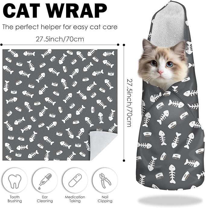 27.6" Cat Grooming Wrap, Self Adhesive Cat Wrap for Cutting Nails, Anti-Escape Calming Cat Swaddle Wrap for Medicine Ear Cleaning, Anti-Scratch Cats Burrito Restraint Blanket, Practical Pet Tool Grey